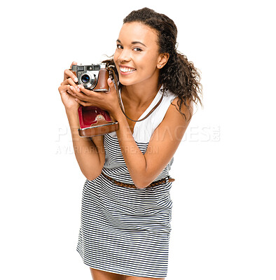 Buy stock photo Girl, portrait and vintage camera in studio, photography and capture memory on white background. Female person, lens and equipment for picture or media production, photographer and creative artist