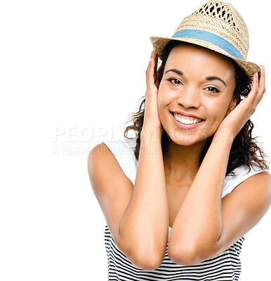 Buy stock photo Portrait, fashion and happy woman in studio mockup for travel, comfort and ready for journey. Brazil girl, smile and casual summer wear on white background space for leisure, vacation and holiday fun