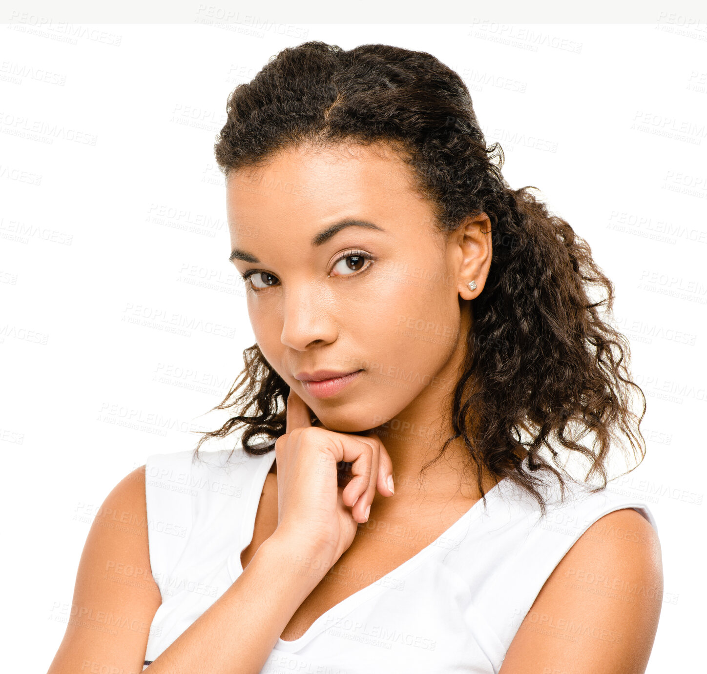 Buy stock photo Thinking, ideas and portrait of woman in studio with creative journalism career in Brazil. Decision, planning and female author with brainstorming for book chapter topic for novel by white background