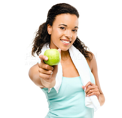 Buy stock photo Girl, apple and diet in studio portrait for decision with nutrition, benefit and wellness by white background. Person, happy and towel for workout, detox or choice with fruit for food for gut health