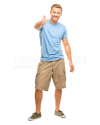 Buy stock photo Smile, thumbs up and portrait of man in studio with vote, good review or satisfaction emoji. Happy, sign and confident male person with approval hand gesture for positive feedback by white background