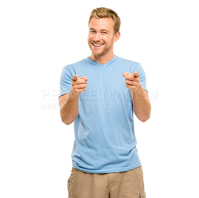 Buy stock photo Offer, portrait and man in studio pointing at you for choice, decision or opportunity for promotion. Smile, deal and happy male person showing announcement, notification or vote on white background.