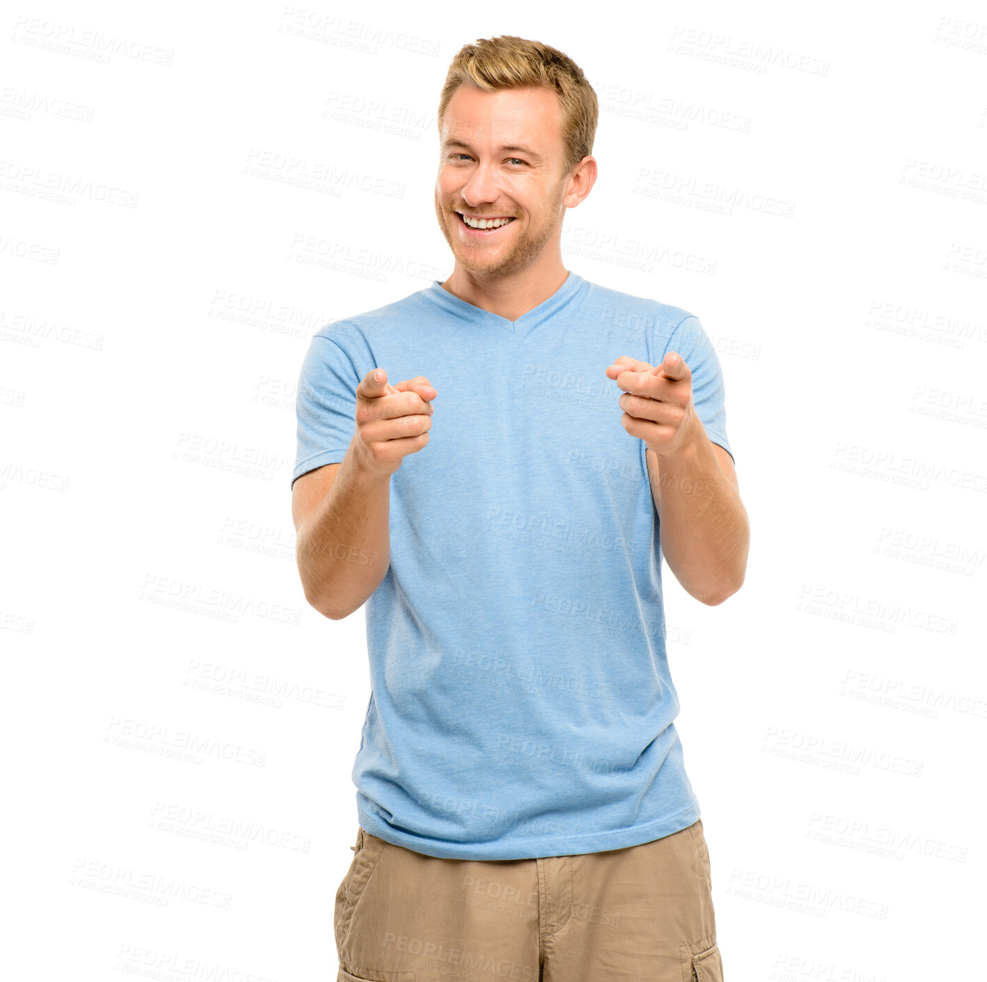 Buy stock photo Offer, portrait and man in studio pointing at you for choice, decision or opportunity for promotion. Smile, deal and happy male person showing announcement, notification or vote on white background.