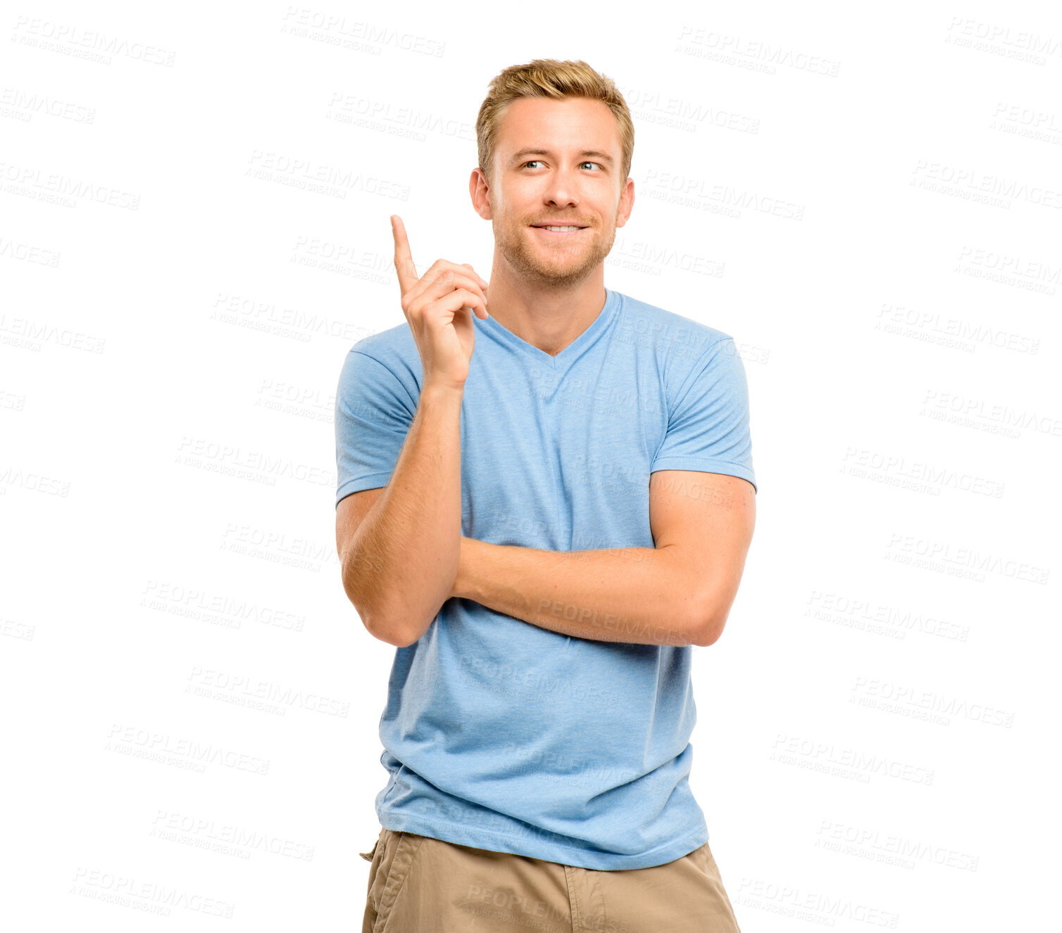 Buy stock photo Thinking, pointing finger and idea of a man in studio for announcement, presentation or choice. Male model with hand gesture or sign for advertising, decision or solution on a white background