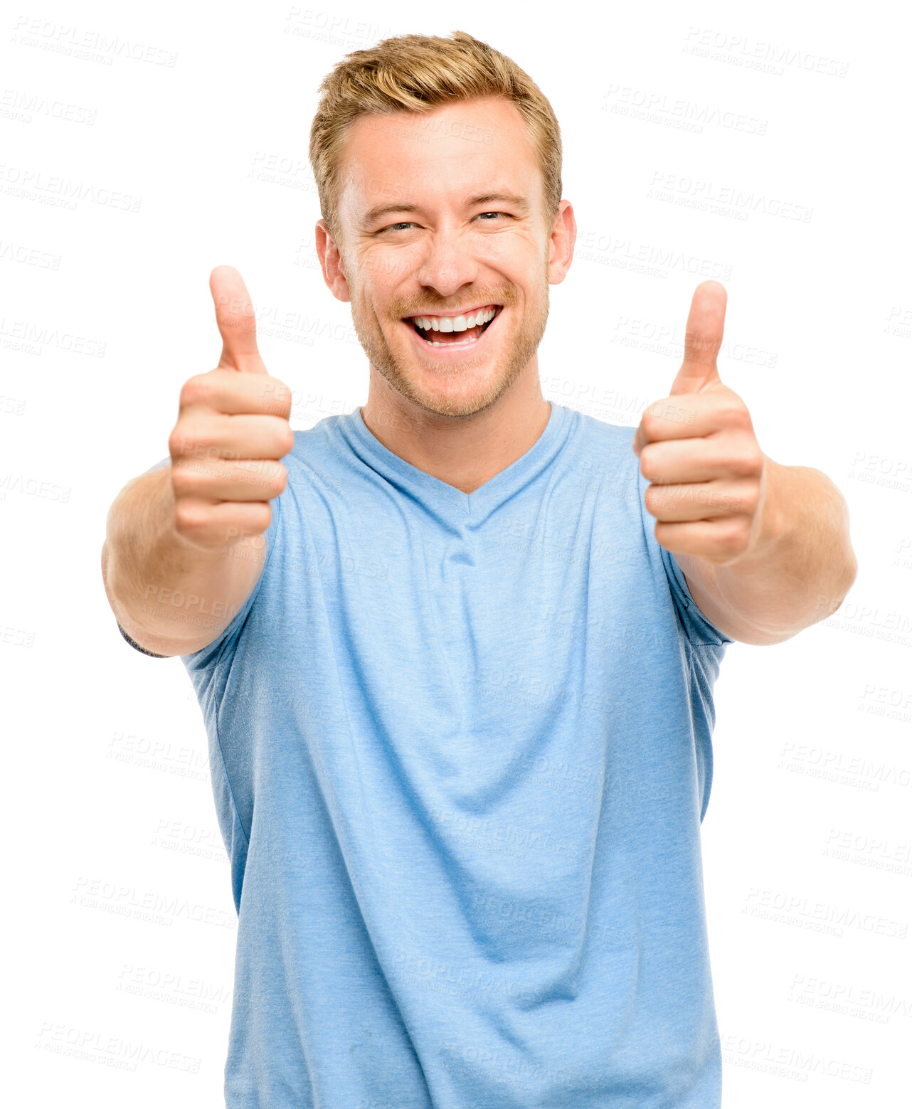 Buy stock photo Happy, thumbs up and portrait of man in studio with vote, good review or satisfaction emoji. Smile, sign and confident male person with approval hand gesture for positive feedback by white background