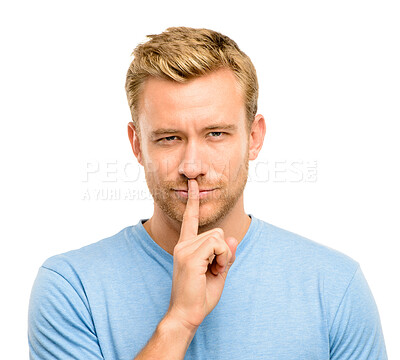 Buy stock photo Secret, portrait and man with hand on mouth for gossip, silence and confidential announcement in studio. Privacy, voice and face of male person with news, whisper and censorship on white background