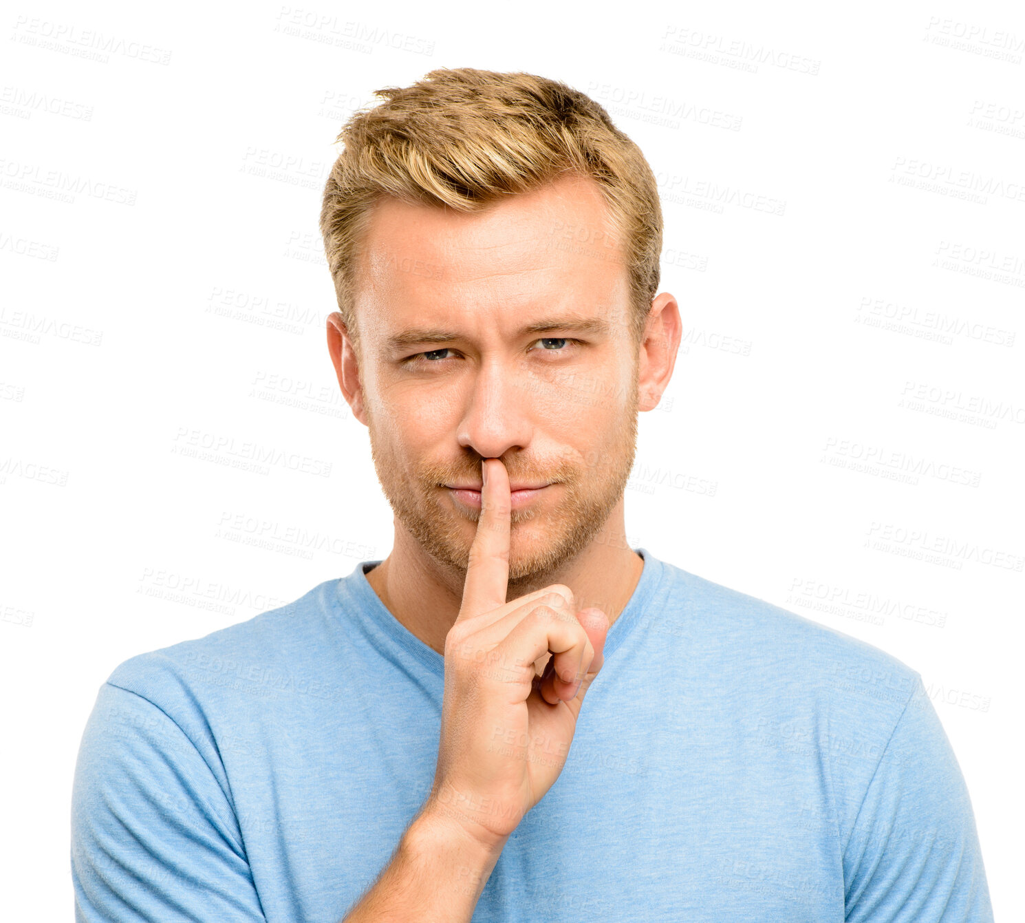 Buy stock photo Secret, portrait and man with hand on mouth for gossip, silence and confidential announcement in studio. Privacy, voice and face of male person with news, whisper and censorship on white background