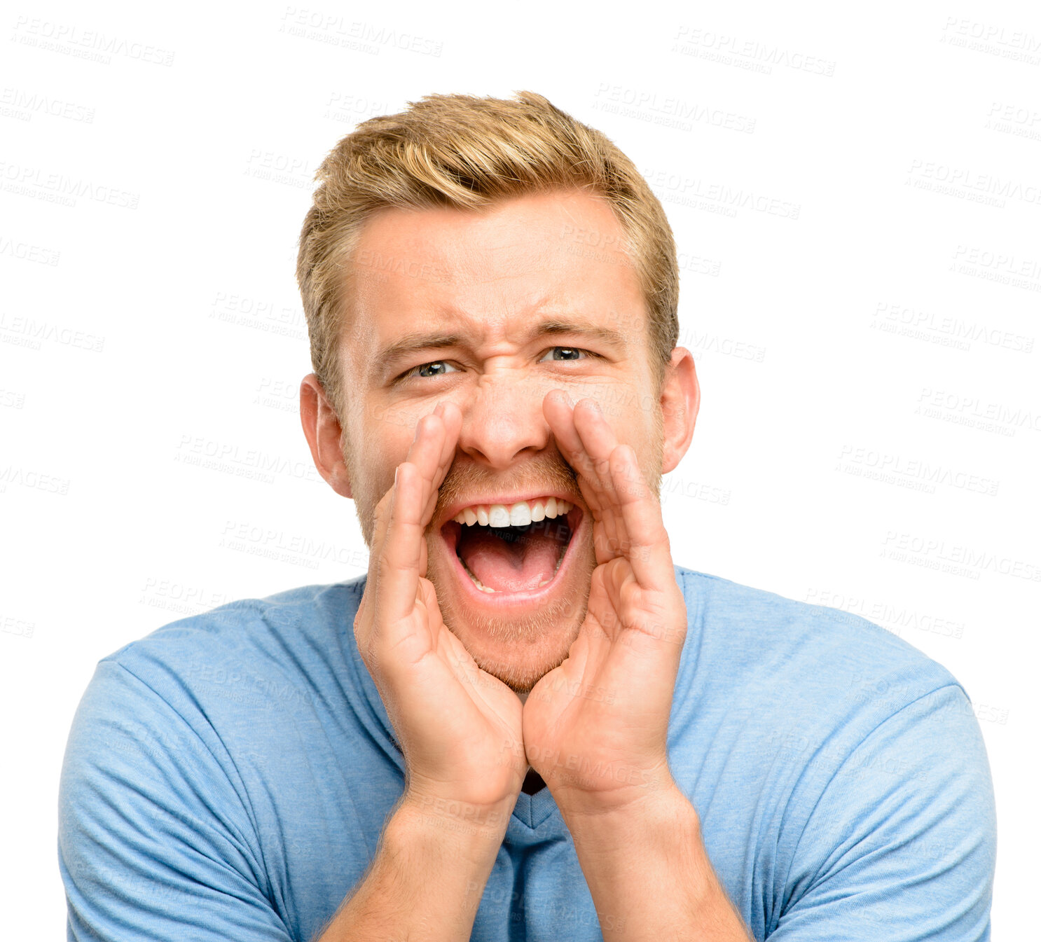 Buy stock photo Man, portrait and hands with announcement in studio for attention, information and warning of danger. Concern, screaming and male person with gesture for worry, alert and caution on white background