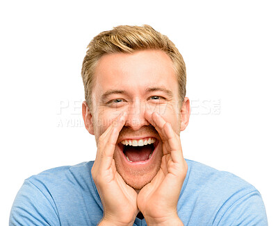 Buy stock photo Man, shouting and portrait with announcement in studio for information, alert and screaming. Happy, male person and gesture with yell on white background for attention, notification and communication