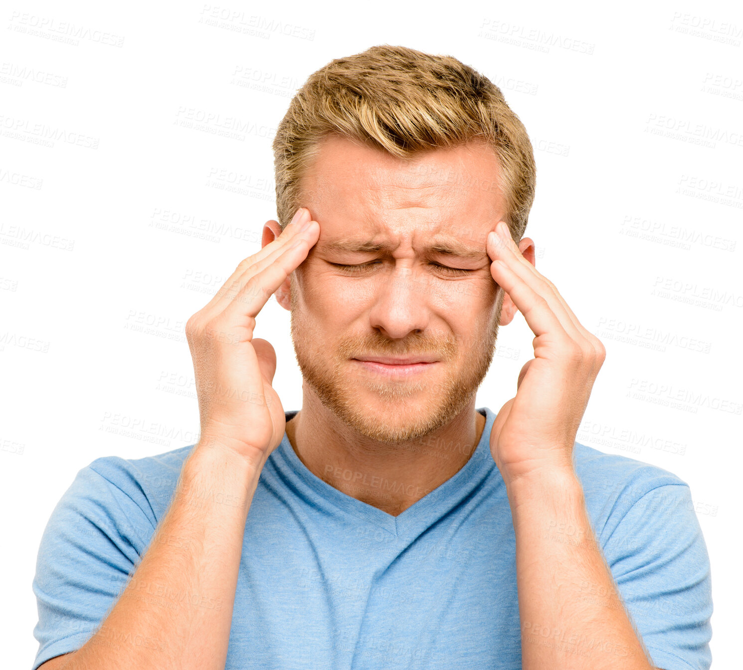 Buy stock photo Stress, headache and man with pain in studio for healthcare problem, emergency and burnout. Frustrated, hands and male person with frown for tension, migraine and pressure on white background
