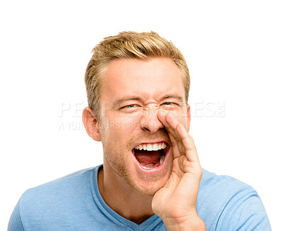 Buy stock photo Man, screaming and portrait with announcement in studio for information, alert and shouting. Happy, male person and gesture with yell on white background for attention, communication and notification