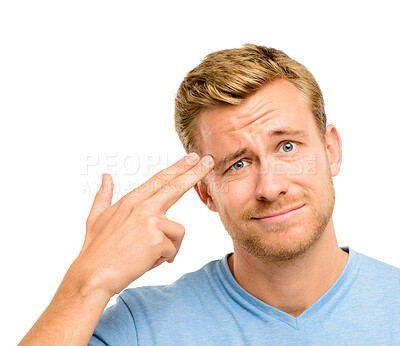 Buy stock photo Man, finger gun and head in studio portrait with mock up space for burnout, bored and tired by white background. Person, model and brain fog for stress, exhausted and icon for firearm with anxiety