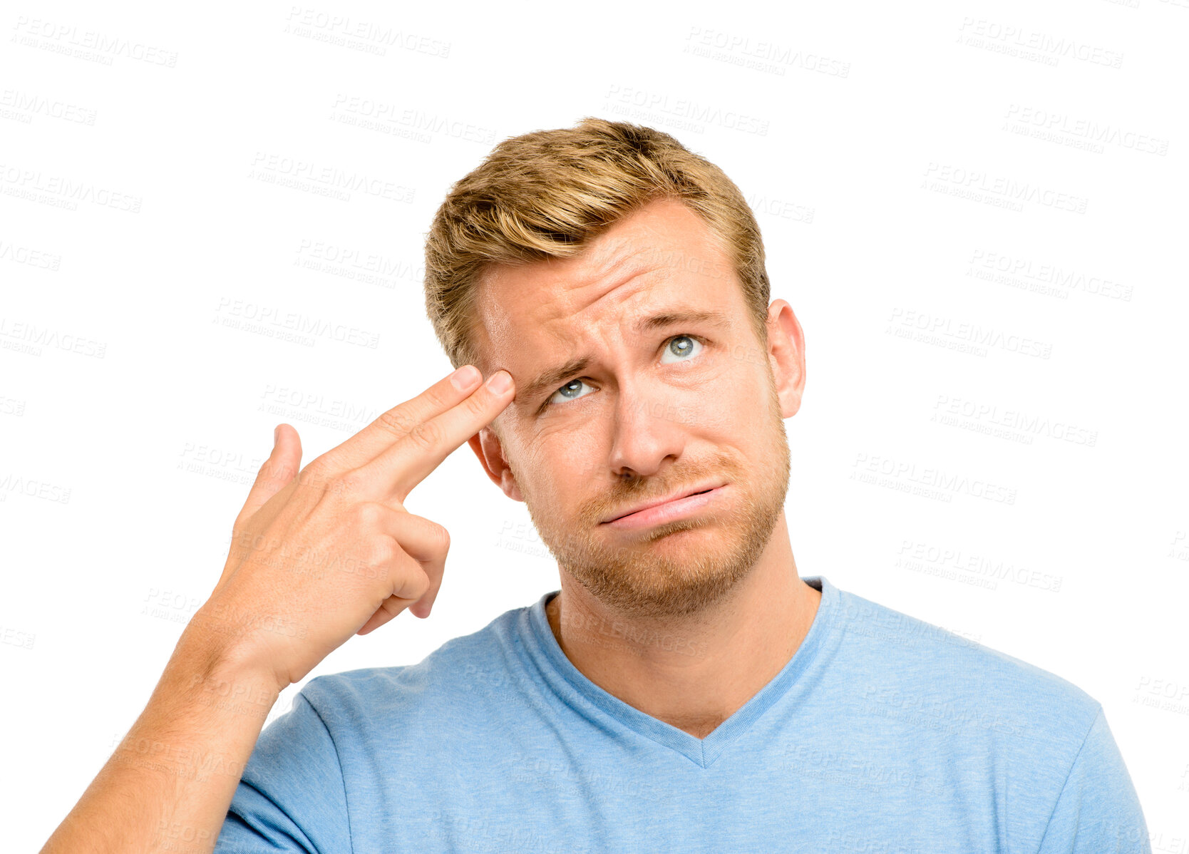 Buy stock photo Man, finger gun and thinking in studio with shooting for burnout, bored and tired with sign by white background. Person, model and brain fog for stress, exhausted and icon for firearm with anxiety