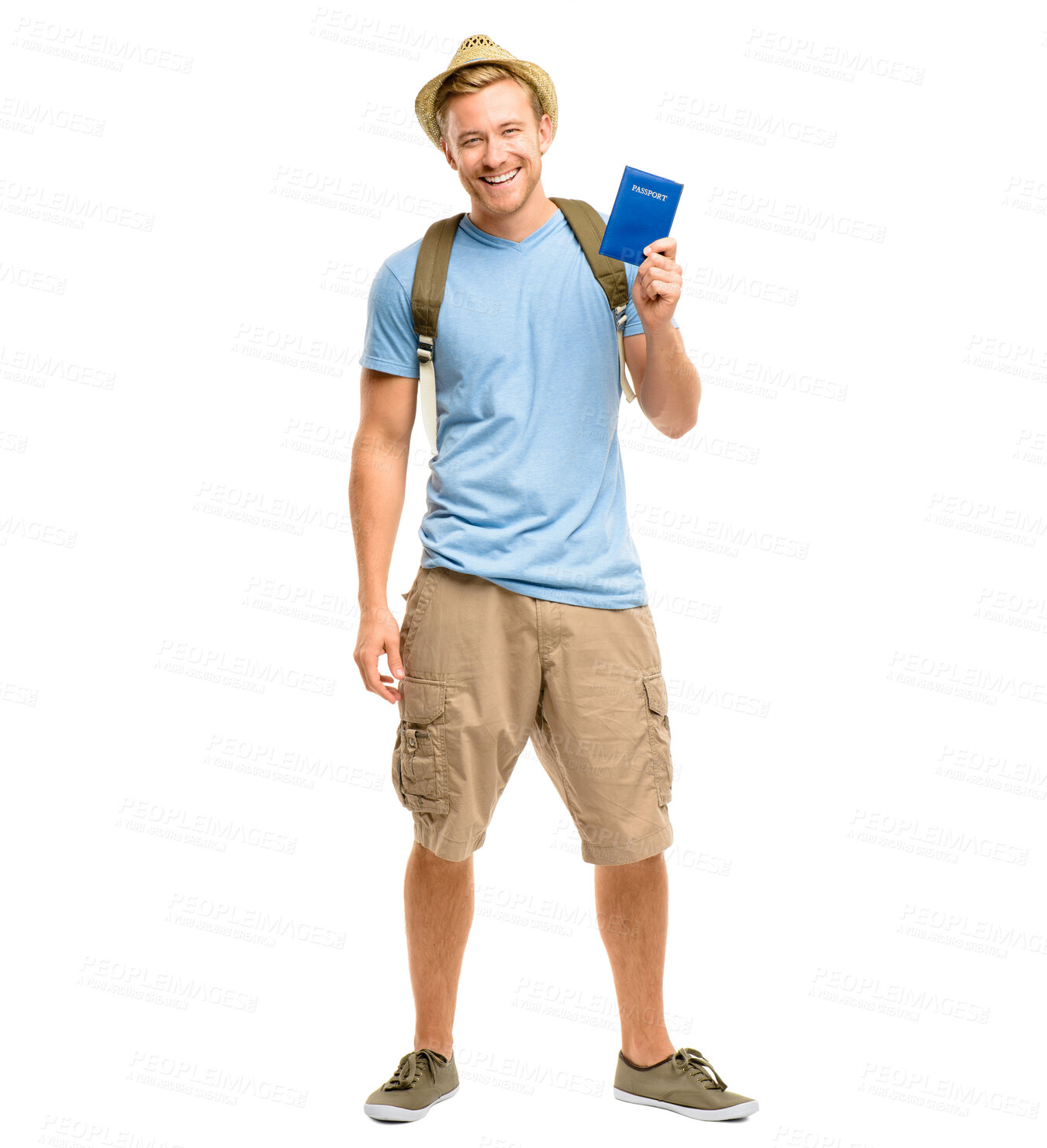 Buy stock photo Travel, portrait and happy man with passport in studio for destination, explore or tourism on white background. Smile, holiday and person with backpack for journey, adventure or vacation in Germany