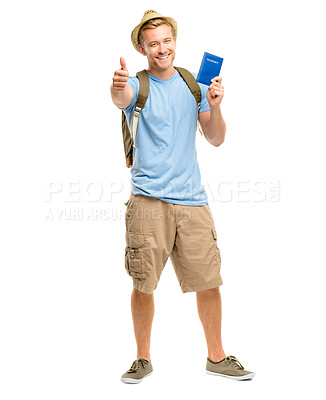 Buy stock photo Thumbs up, portrait and man with passport in studio for destination, holiday or tourist on white background. Travel, backpack and person with hand gesture for agreement, adventure or vacation in Cuba