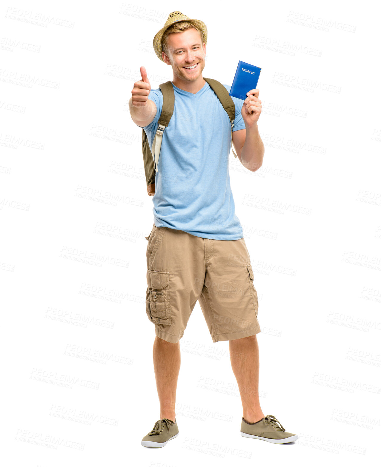 Buy stock photo Thumbs up, portrait and man with passport in studio for destination, holiday or tourist on white background. Travel, backpack and person with hand gesture for agreement, adventure or vacation in Cuba