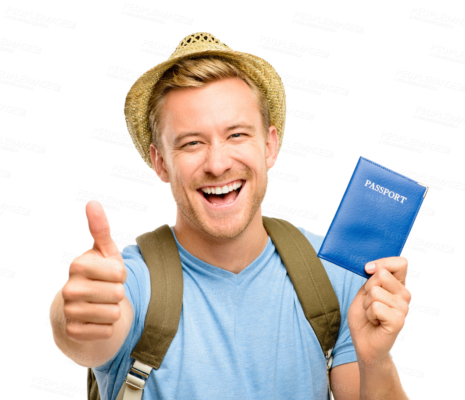 Buy stock photo Thumbsup, portrait and happy man with passport in studio for destination, holiday or tourist on white background. Travel, backpack and person with gesture for agreement, adventure or trip in Cuba