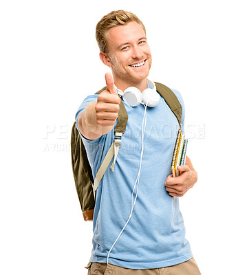 Buy stock photo Smile, thumbs up and portrait of student in studio with vote, good review or satisfaction emoji. Happy, university and man with approval gesture for books, backpack and headphones by white background