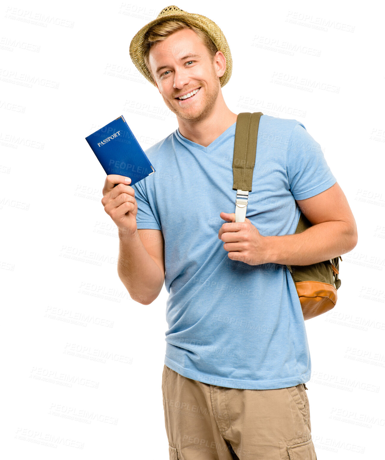 Buy stock photo Travel, portrait and man with passport with white background for destination, explore or tourism in studio. Smile, holiday and happy person with backpack for journey, adventure or vacation to Norway