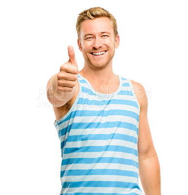 Buy stock photo Thumbs up, happy and portrait of man in studio for success, good news and approval. Emoji, victory and isolated person with hand gesture for agreement, support and like sign on a white background