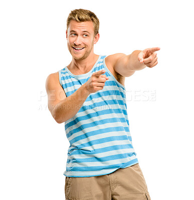 Buy stock photo Smile, man and pointing at you in studio for choice, decision or opportunity for promotion giveaway. Offer, deal and happy male person showing announcement, notification or vote on white background.