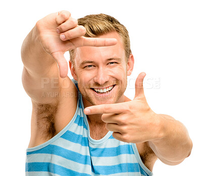 Buy stock photo Hands, frame and portrait of man on a white background smile for confidence, pride or positive attitude. Happy, finger and isolated person with gesture for photography, picture or selfie in studio