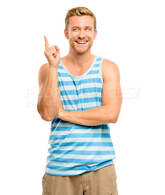 Buy stock photo Smile, man and pointing up in studio for offer, choice or opportunity for fun promotion deal. Review, direction and happy male person showing announcement, notification or vote on white background.