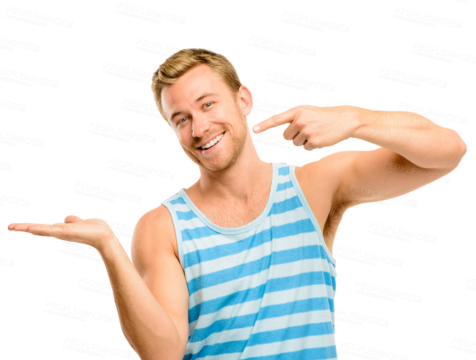 Buy stock photo Presentation, pointing and portrait of man in studio for promotion, news and announcement. Advertising, happy and isolated person with hand gesture for discount, deal and bargain on white background