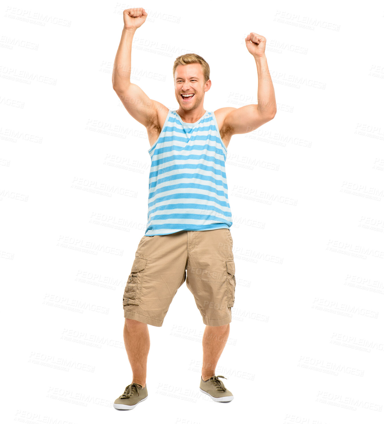 Buy stock photo Man, cheering or celebration in studio for winning with giveaway success, promotion deal or achievement. Person, victory fist or excited for good news, bonus or competition on white background mockup