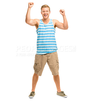 Buy stock photo Man, portrait and celebration in studio for winning with giveaway success, promotion and achievement. Person, victory fist and cheering for good news, bonus and competition on white background mockup