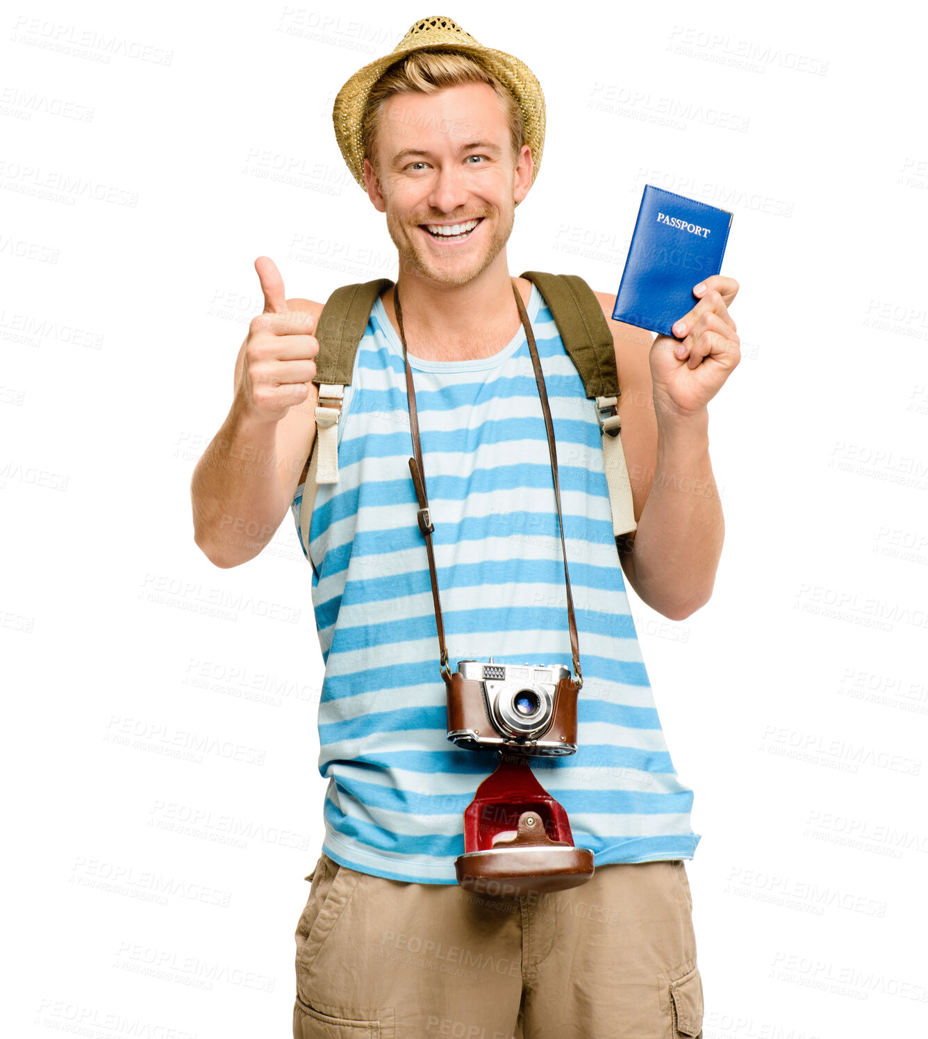 Buy stock photo Man, passport and thumbs up in studio portrait with smile, travel and excited with bag by white background. Person, happy and documentation for immigration with sign, icon and symbol for agreement