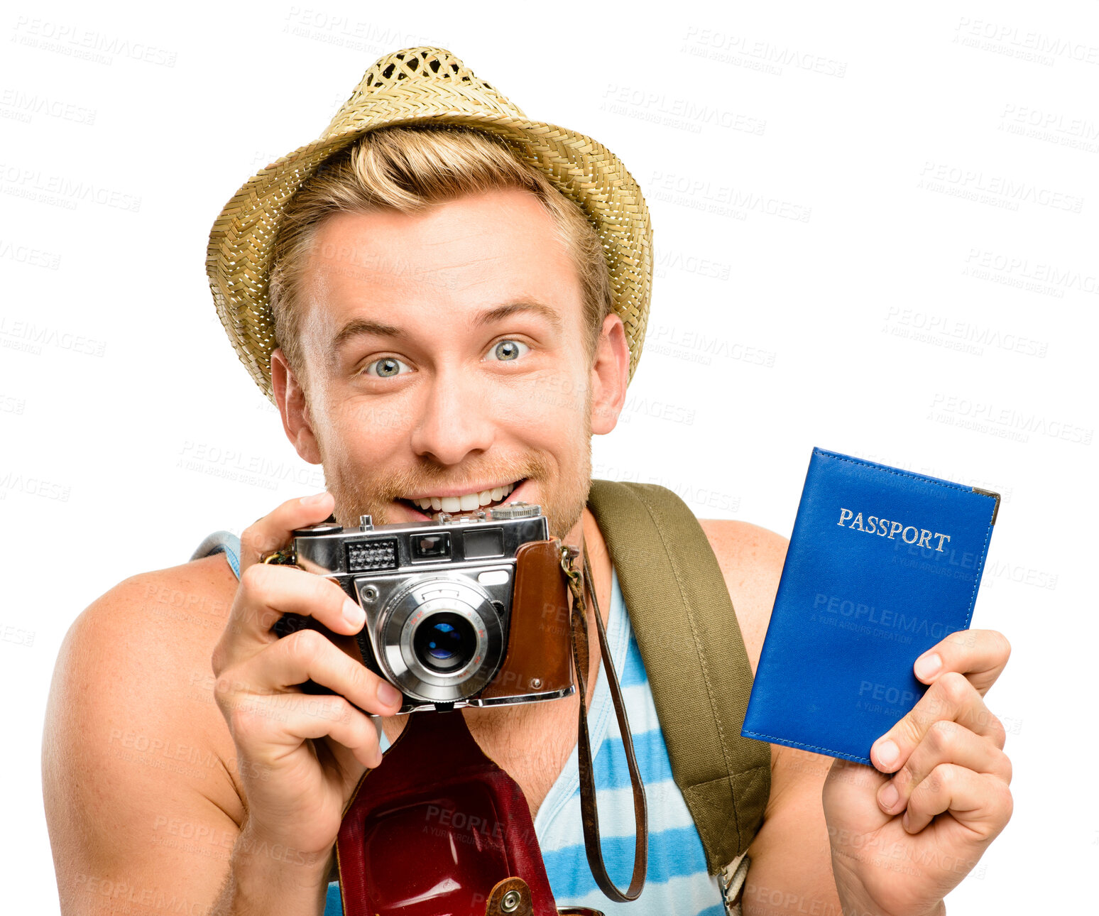 Buy stock photo Man, passport and camera in studio portrait with smile, travel and excited with backpack by white background. Person, photographer and documentation for immigration with identity, memory and tourism