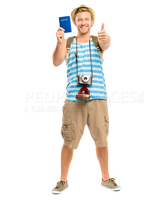 Buy stock photo Thumbs up, portrait and happy man with passport with white background for destination, camera or tourist in studio. Travel, backpack and person with gesture for agreement, adventure or trip in Cuba