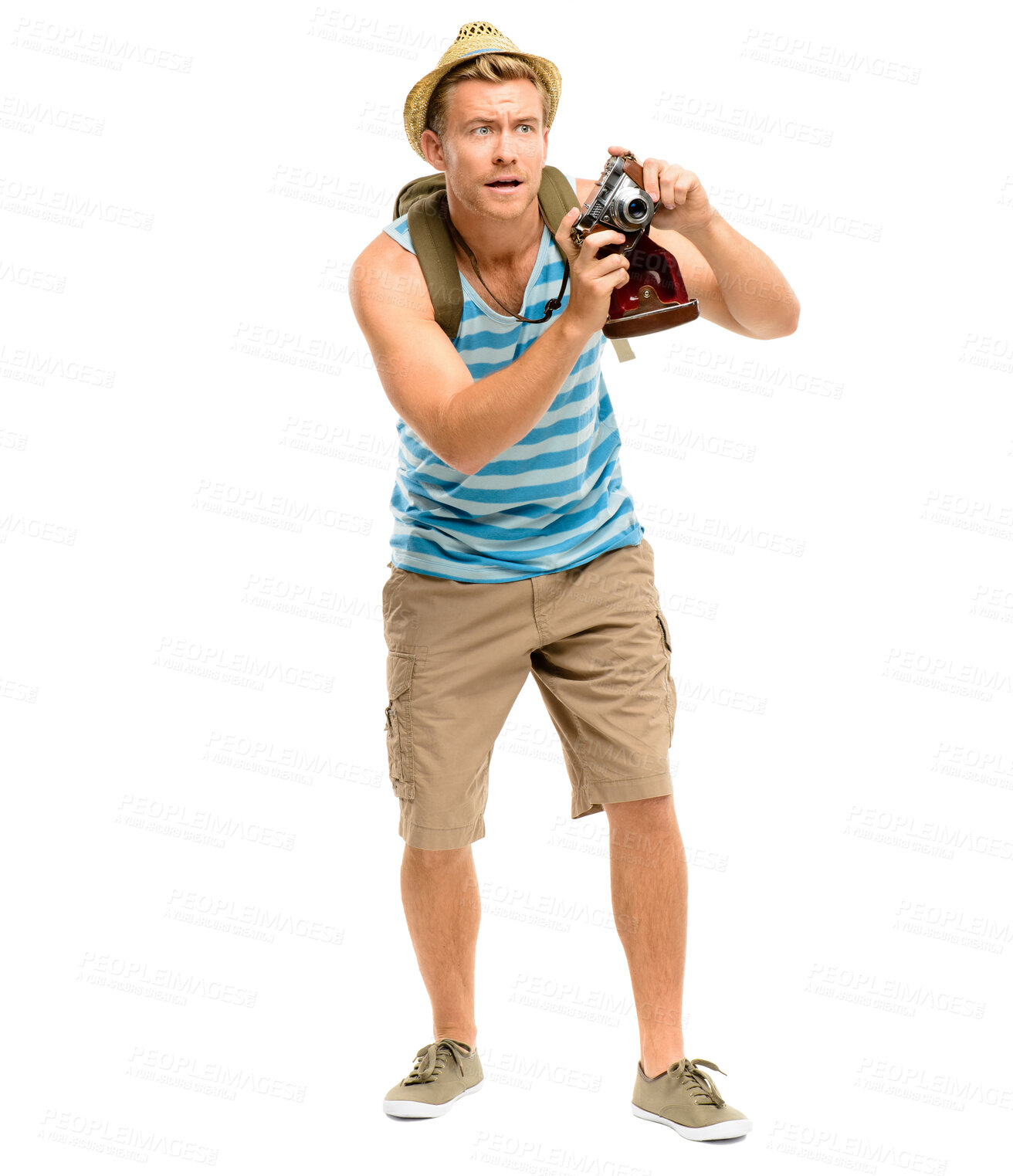 Buy stock photo Man, camera and tourism in studio with thinking on travel, photoshoot and creative by white background. Person, photographer and retro shooting on holiday, perspective and memory with backpack