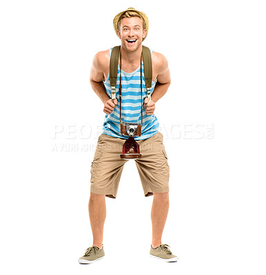 Buy stock photo Man, excited and tourism in studio portrait with camera on travel, smile and backpack by white background. Person, photographer and happy with bag on holiday, vacation and scream wow for adventure