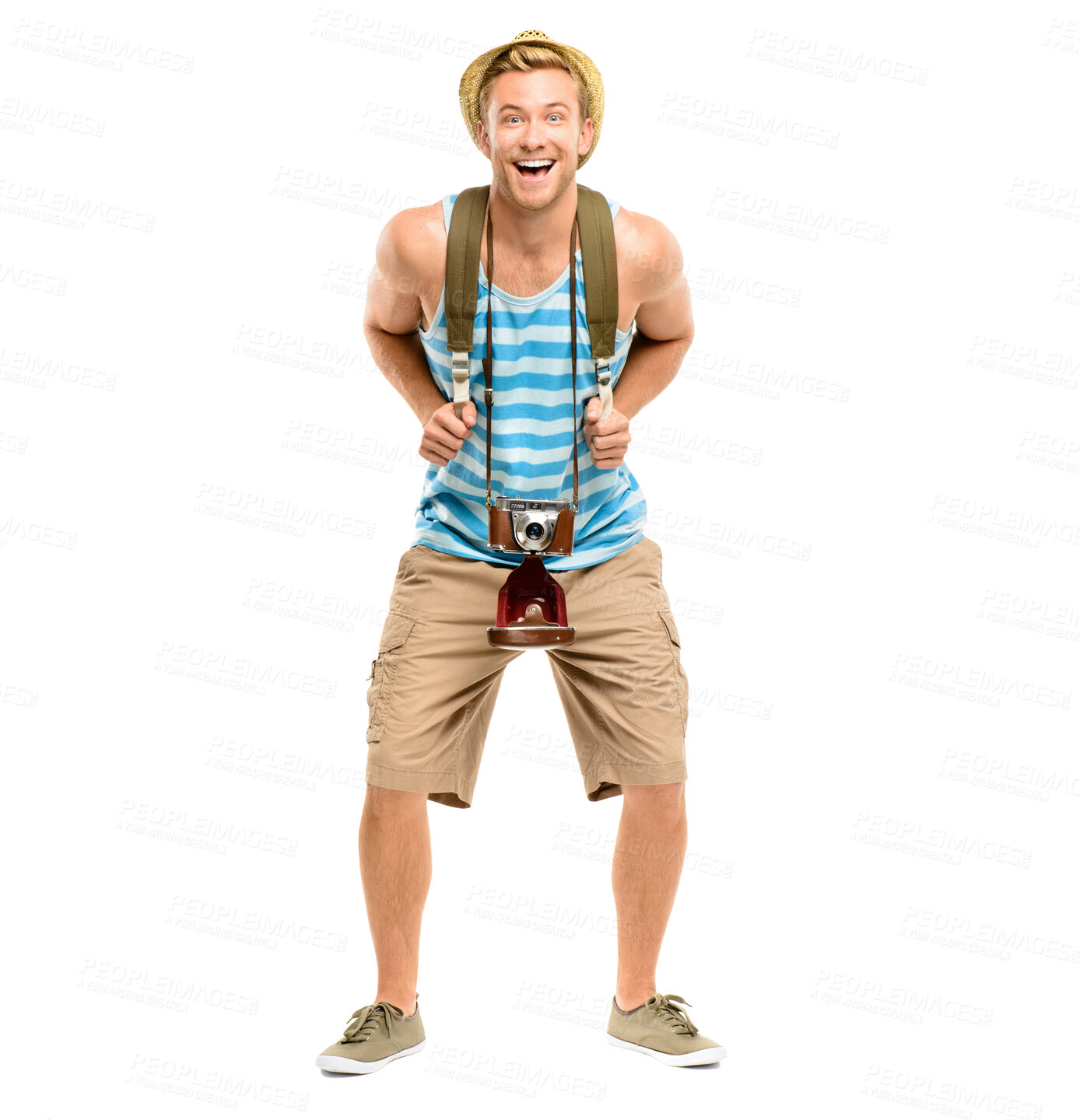 Buy stock photo Man, excited and tourism in studio portrait with camera on travel, smile and backpack by white background. Person, photographer and happy with bag on holiday, vacation and scream wow for adventure