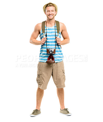 Buy stock photo Travel, portrait and happy man with camera in studio for destination, explore or tourism on white background. Smile, holiday and person with backpack for journey, adventure or vacation in Germany