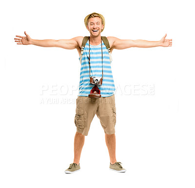 Buy stock photo Excited, man and portrait with celebration in studio for summer holiday, tourism and freedom. Happy, male person and tourist with camera on white background for vacation, photography and journey