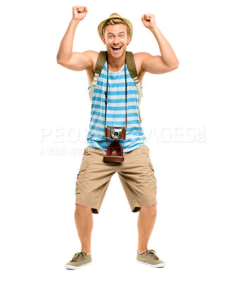 Buy stock photo Man, celebration and tourism in studio portrait with camera on travel, fist and backpack by white background. Person, photographer and happy with bag on holiday, vacation and cheers for adventure