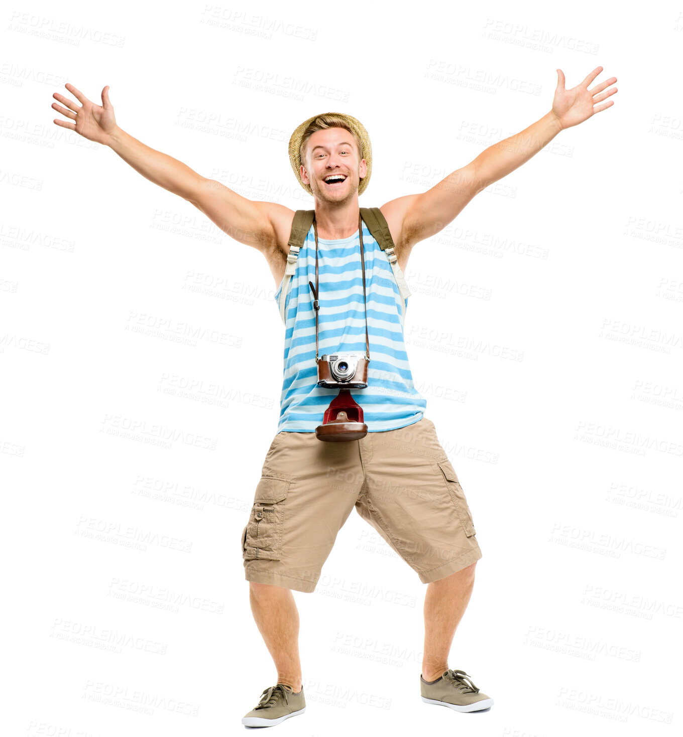 Buy stock photo Man, travel and portrait with celebration in studio for summer vacation, tourism and freedom. Excited, male person and tourist with camera on white background for holiday, photography and journey