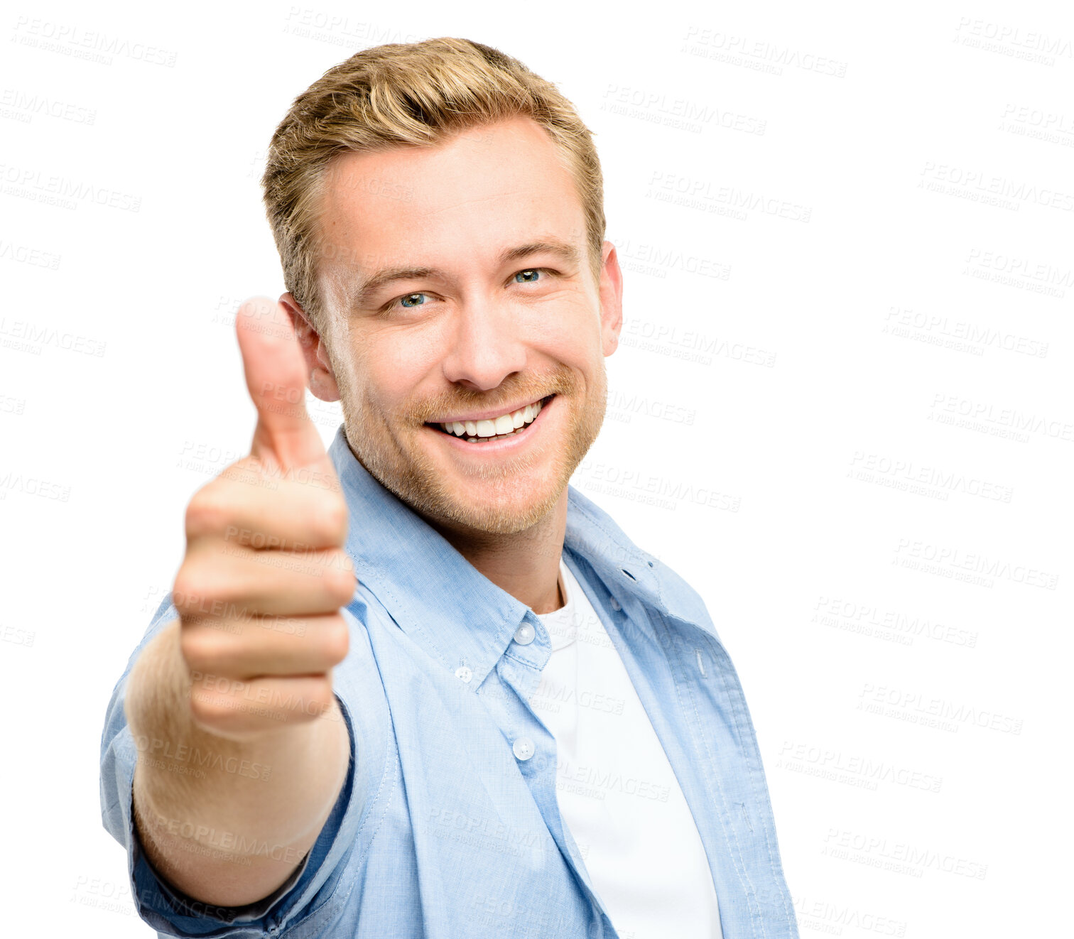 Buy stock photo Smile, thumbs up and portrait of man in studio with confidence, vote or agreement gesture. Opinion, review and happy face of proud person with yes sign, deal success and like hand on white background