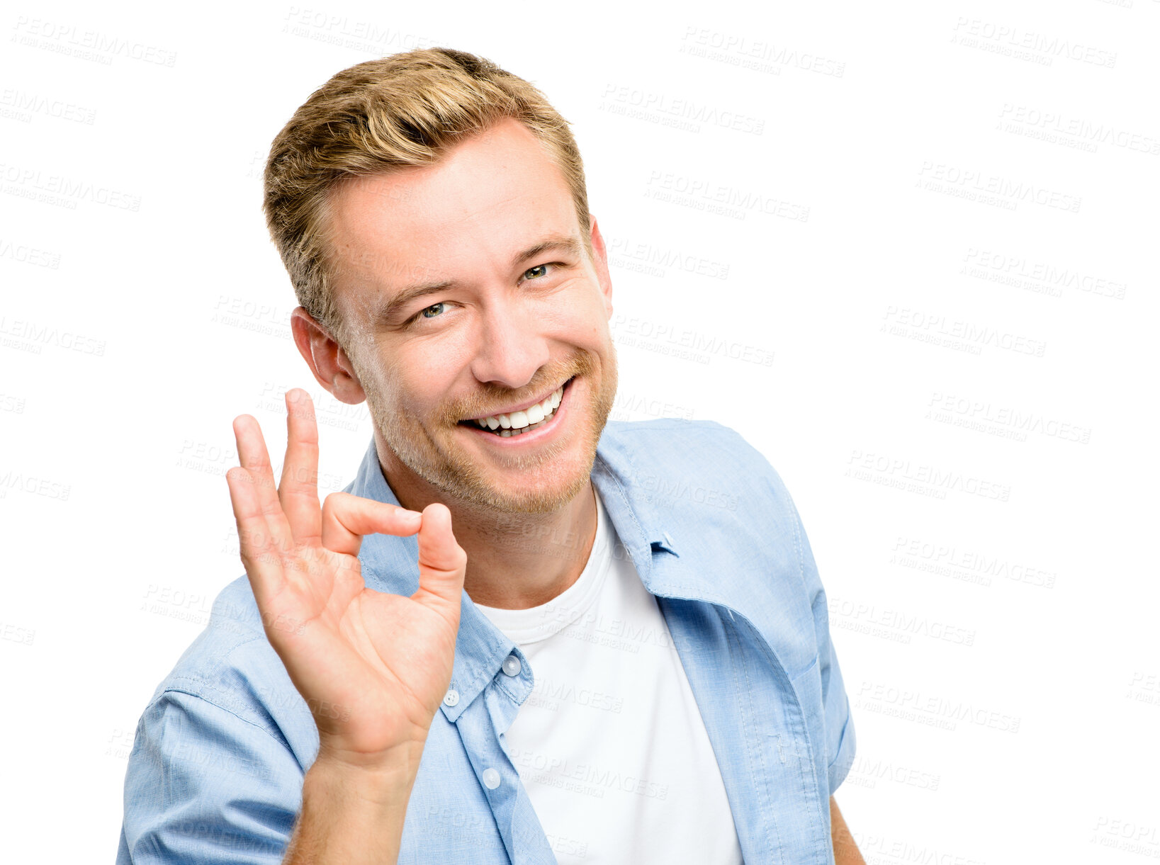 Buy stock photo Man, portrait and hand with approval in studio for positive review, feedback and agreement. Happy, male person and smile with emoji gesture for success, support and vote opinion on white background