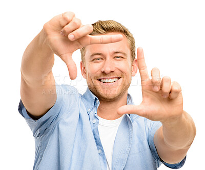 Buy stock photo Happy, frame and portrait of man in studio with smile for confidence, pride or positive attitude. Hands, finger and isolated person with gesture for photography, picture or selfie on white background