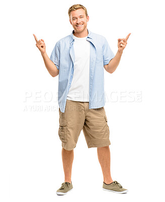 Buy stock photo Smile, man and pointing up in studio portrait for offer, choice or opportunity in fun promotion. Review, direction and happy male person showing announcement, notification or vote on white background