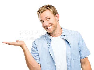 Buy stock photo Showing, hand and portrait of happy man in studio for promotion, news and announcement. Advertising, smile and isolated person with palm gesture for discount, deal and bargain on white background