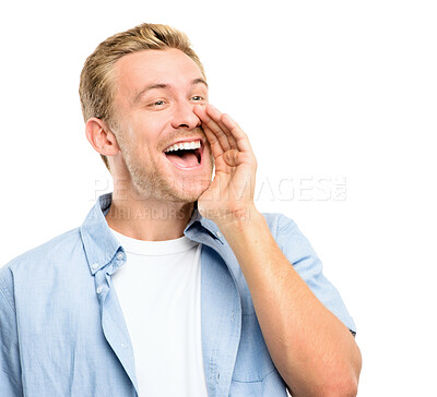 Buy stock photo Man, shouting and smile with announcement in studio for screaming, alert and information. Happy, male person and gesture with yell on white background for communication, attention and notification