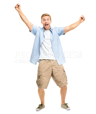 Buy stock photo Man, portrait and celebration in studio with cheering for giveaway success, promotion and achievement. Person, victory fist and shouting for good news, bonus deal and competition on white background