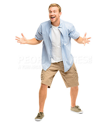 Buy stock photo Smile, celebration and man with surprise in studio for achievement, announcement or good news. Happy, accomplishment and male person with shock on white background for competition, success or winning