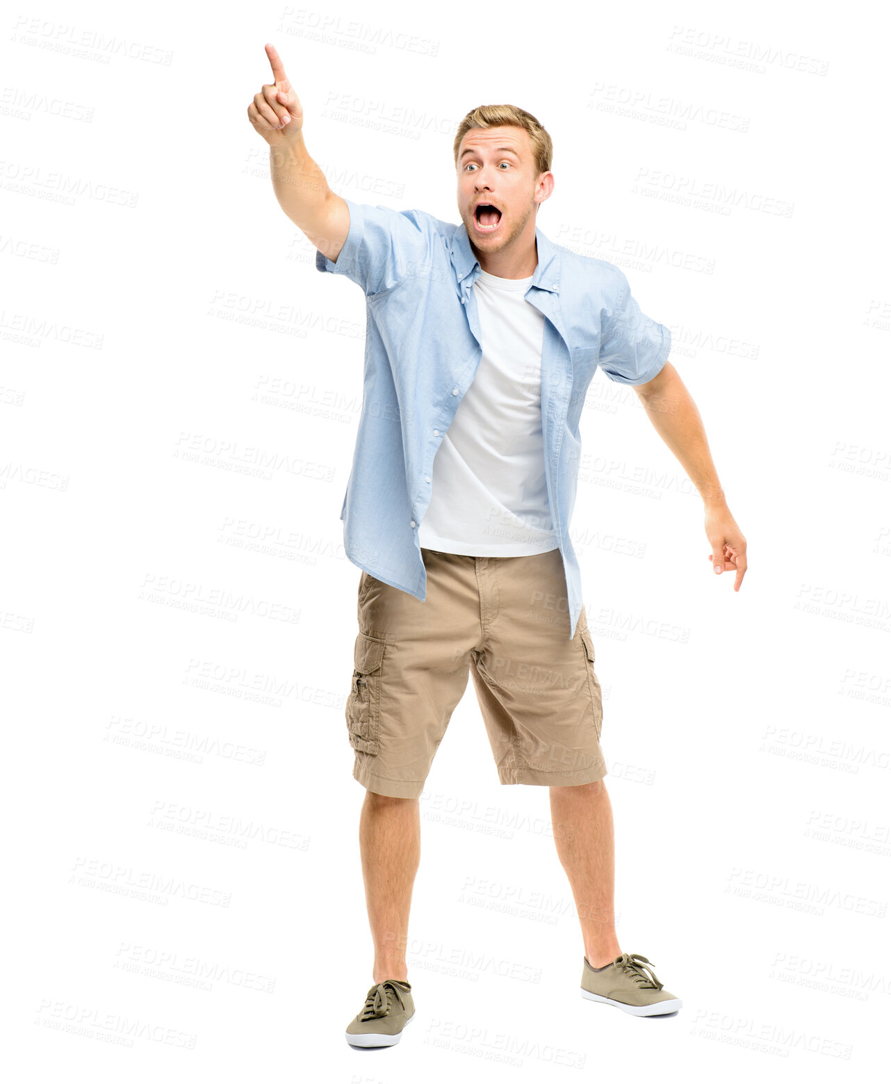 Buy stock photo Scared, pointing finger and a man shouting in studio to for attention to show announcement space. Young male model with hand gesture or sign for warning, danger or wow surprise on a white background