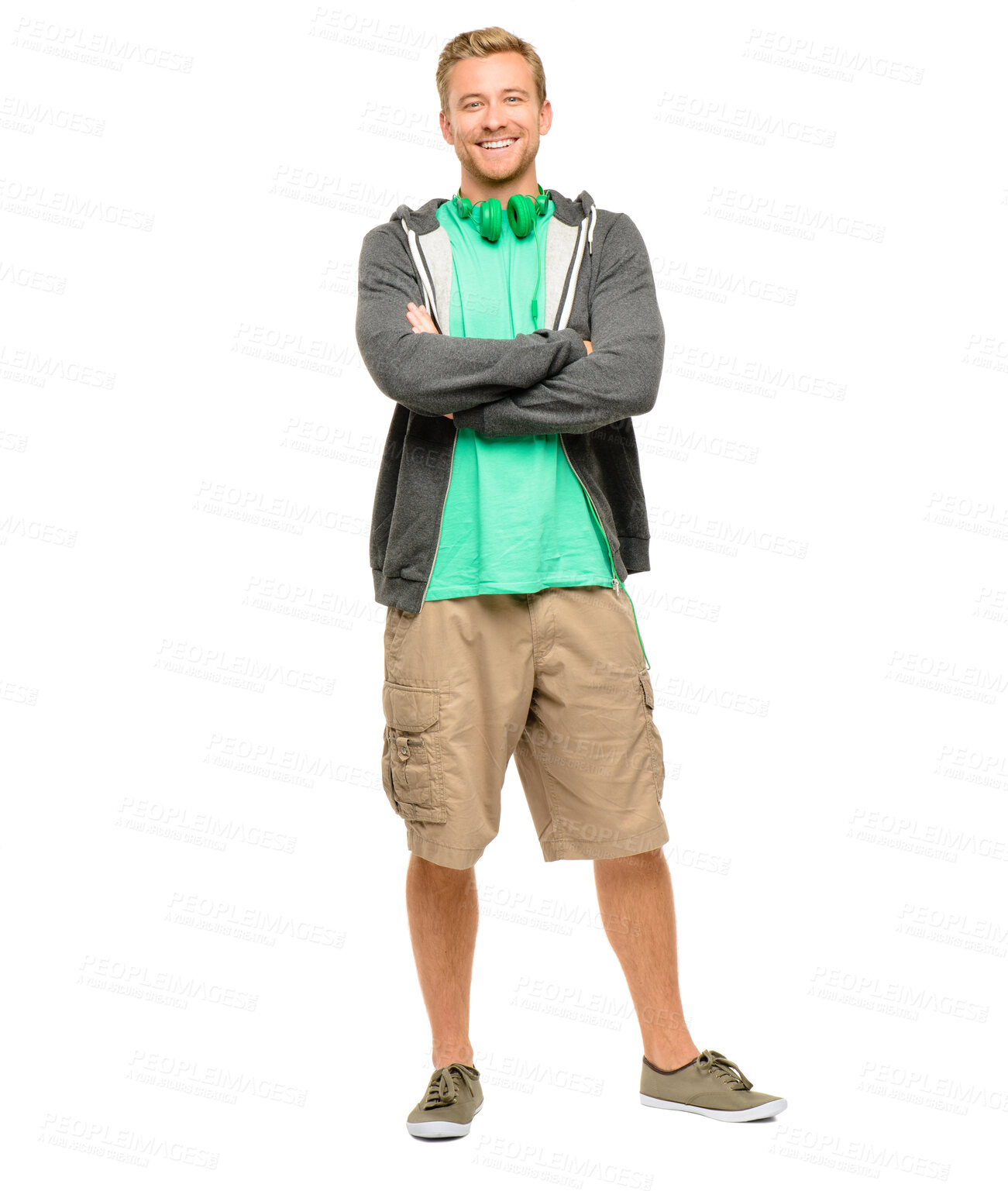 Buy stock photo Studio, confidence and portrait of man with headphones, smile and casual style with positive attitude. Relax, pride and happy student with arms crossed, gamer fashion and streamer on white background